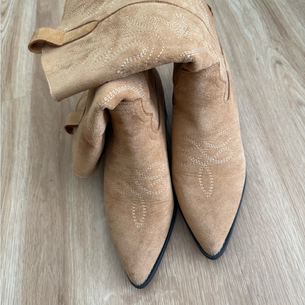 Dark Tan Suede Chunky Heel Women's embroidery Cowgirl Boots - Picture 5 of 10